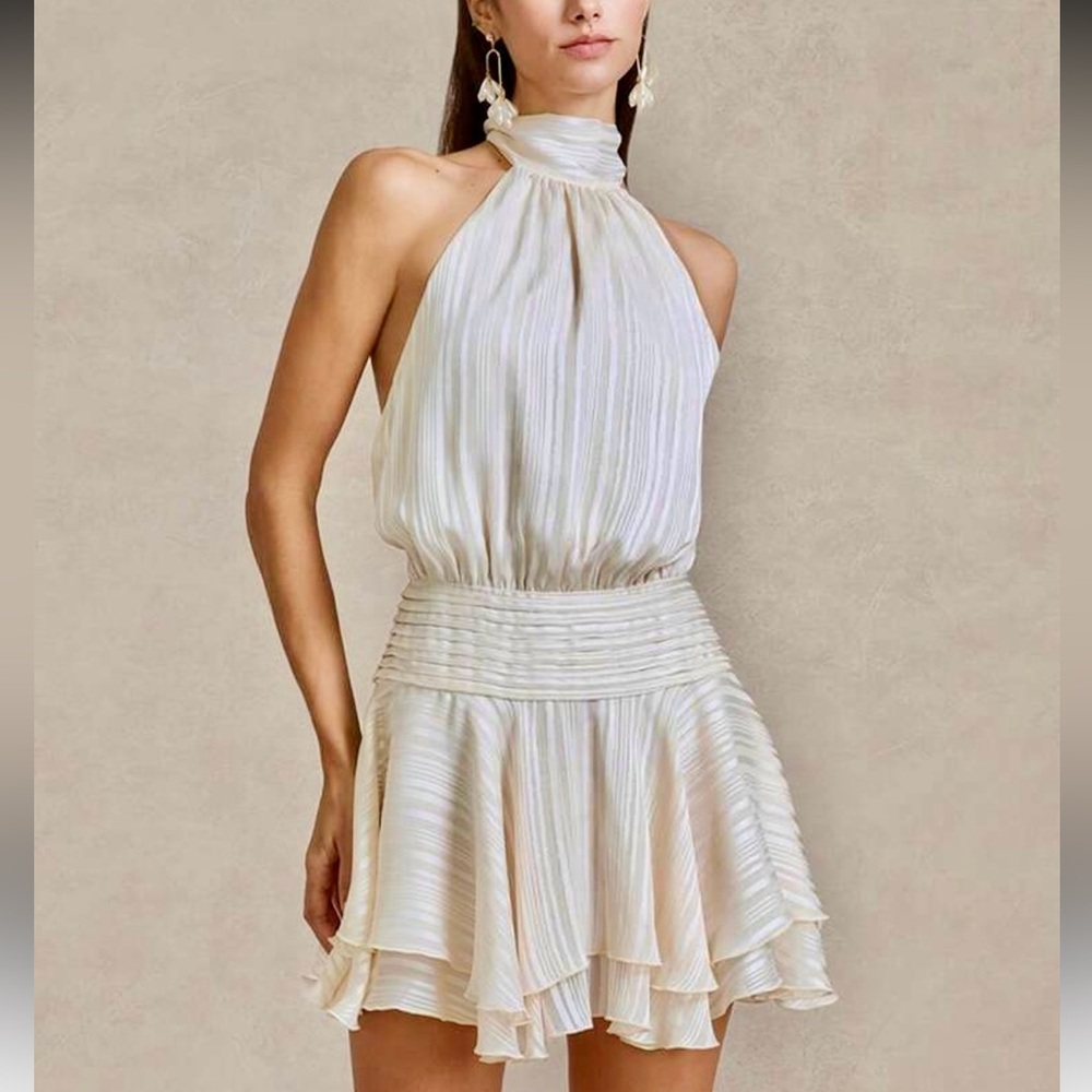 Ruffle hem satin ivory off white mock neck tie open back halter mini dress - Picture 5 of 11
